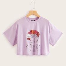 Romwe Figure Print Cuffed Sleeve Crop Tee