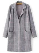 Romwe Grey Grid Notch Lapel Hidden Placket Sweater Coat