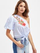 Romwe Embroidered Flower Patch Knot Front One Shoulder Striped Top