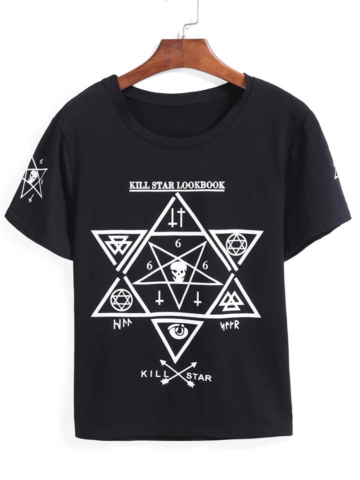 Romwe Hexagonal Star Print Black T-shirt