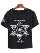 Romwe Hexagonal Star Print Black T-shirt