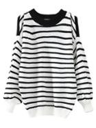 Romwe Black And White Striped Open Shoulder Sweater
