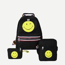 Romwe Emoji Print Canvas Backpack With Wallet 3pcs