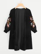 Romwe Embroidery Bishop Sleeve Open Front Velvet Cardigan
