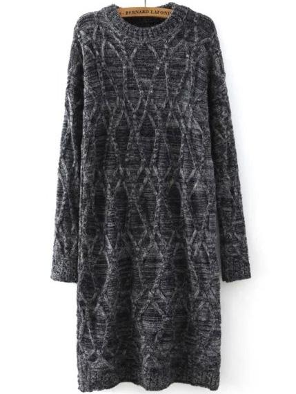 Romwe Women Long Sleeve Cable Knit Black Sweater Dress
