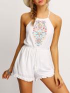 Romwe White Halter Embroidered Flounce Hem Romper With Drawstring