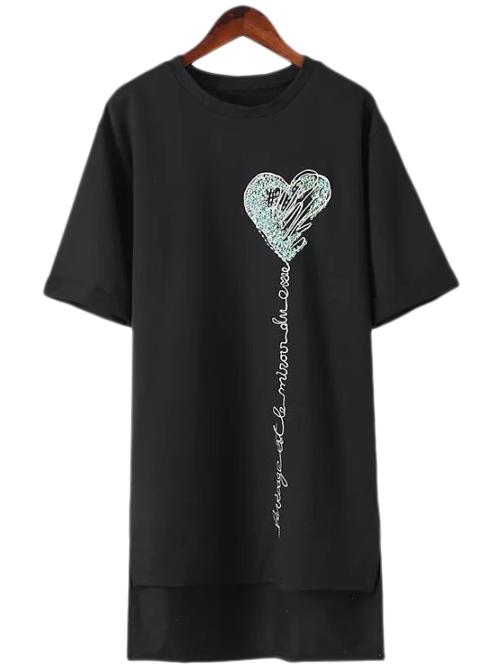 Romwe Black Dip Hem Sequined Embroidery T-shirt