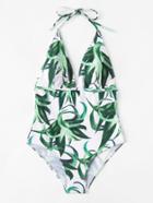 Romwe Leaf Print Backless Swimsuit