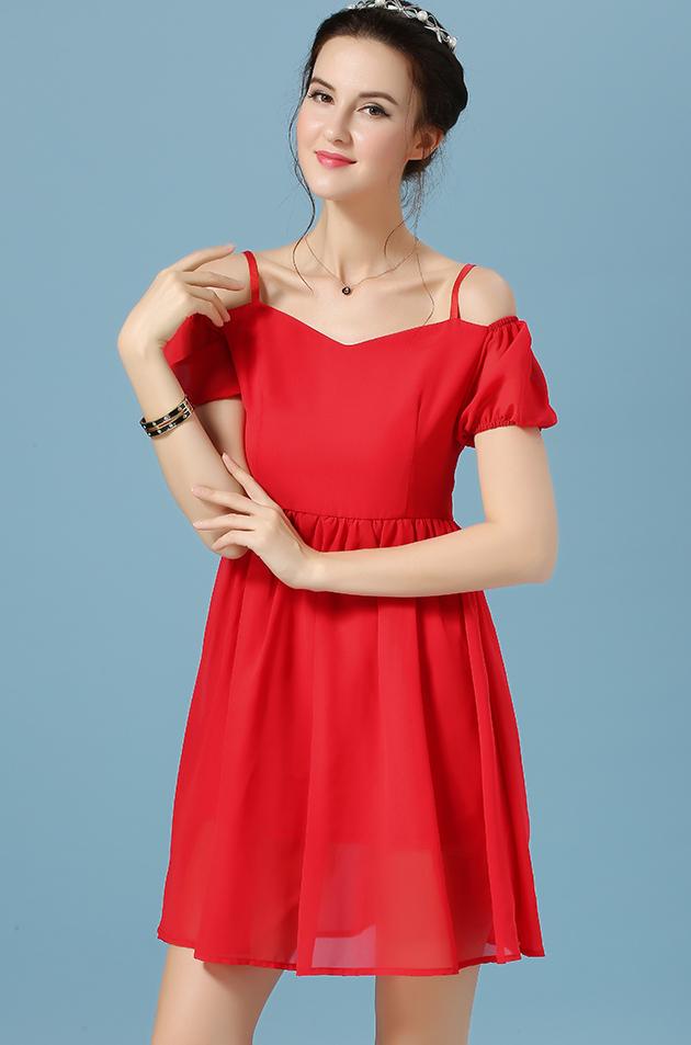 Romwe Off The Shoulder Chiffon Red Dress