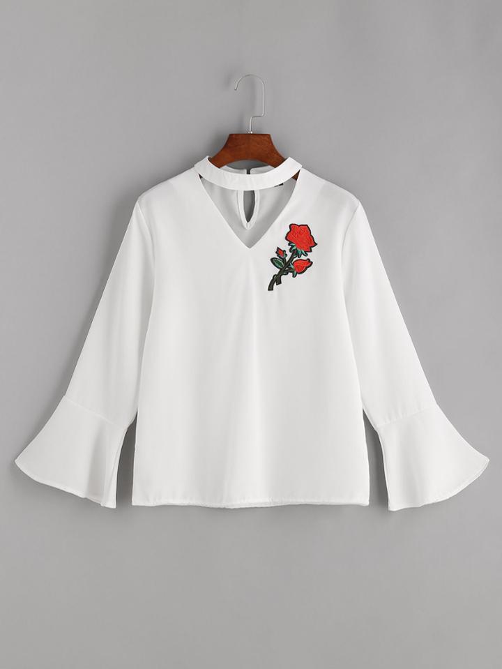 Romwe White Choker V Neck Bell Sleeve Patch Blouse