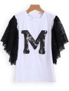 Romwe Puff Sleeve With Sequined M Pattern Top