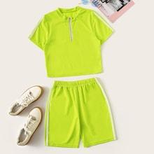 Romwe Neon Lime Side Stripe Zip Up Neck Top With Shorts