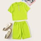 Romwe Neon Lime Side Stripe Zip Up Neck Top With Shorts