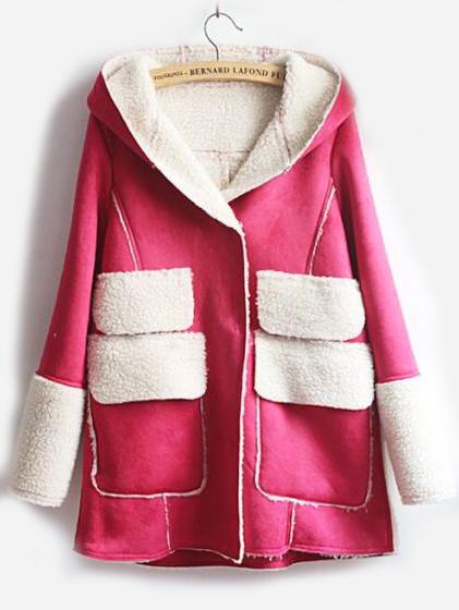 Romwe Hooded Pockets Long Red Coat