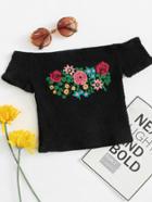 Romwe Off Shoulder Floral Embroidered Pleated Tee