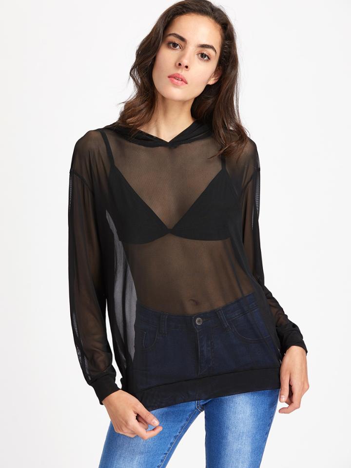 Romwe Sheer Mesh Hooded Sweatshirt