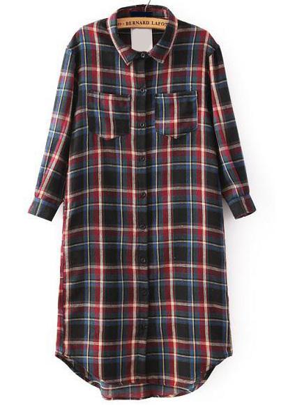 Romwe Red Long Sleeve Plaid Pockets Blouse