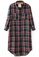 Romwe Red Long Sleeve Plaid Pockets Blouse