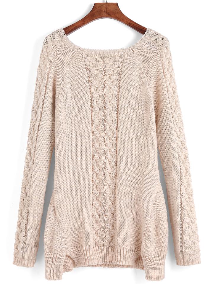 Romwe Square Neck Cable Knit Slit Apricot Sweater
