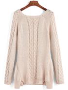 Romwe Square Neck Cable Knit Slit Apricot Sweater