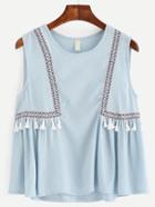 Romwe Blue Embroidered Tape Detail Tassel Trim Top