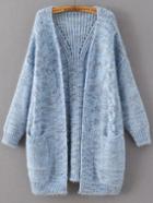 Romwe Blue Marled Knit Long Sweater Coat With Pocket