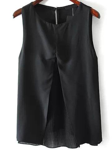 Romwe Black Sleeveless Split Pleated Blouse