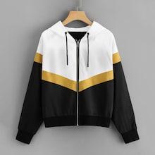 Romwe Colorblock Zip Up Hooded Jacket