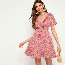 Romwe Ditsy Floral Print Tie Front Ruffle Hem Dress