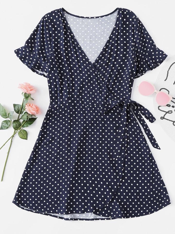 Romwe Polka Dot Wrap Tie Dress
