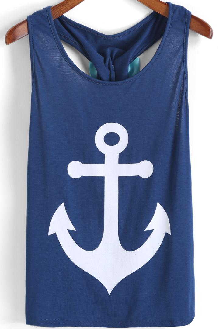 Romwe Blue Anchors Print Bow Embellished Tank Top