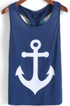 Romwe Blue Anchors Print Bow Embellished Tank Top