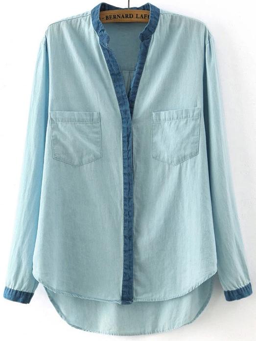 Romwe Contrast V Neck High Low Denim Blouse