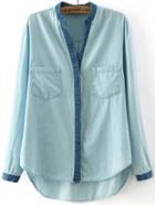 Romwe Contrast V Neck High Low Denim Blouse