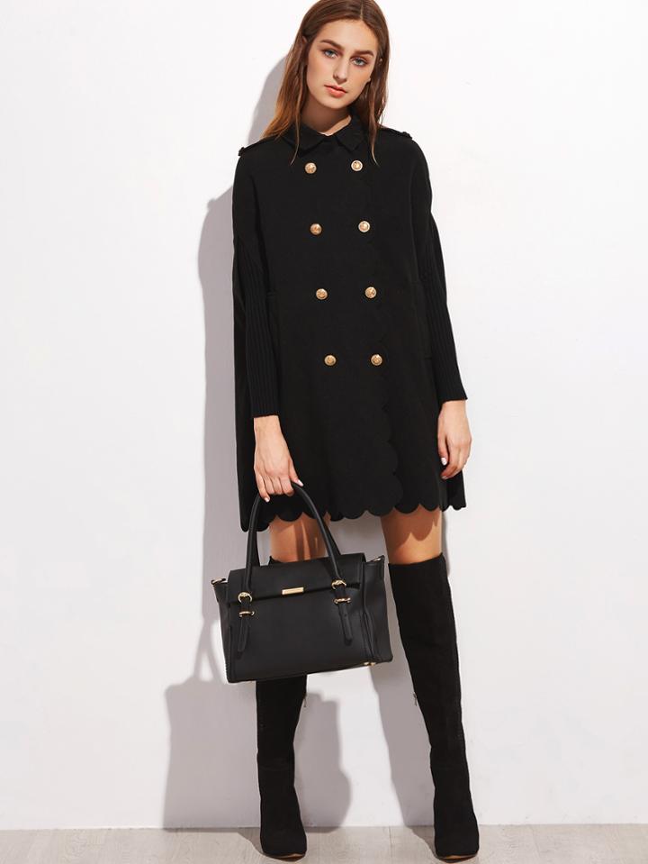 Romwe Black Double Breasted Scallop Edge Cape Coat