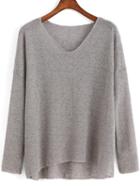 Romwe V Neck Dip Hem Grey Sweater