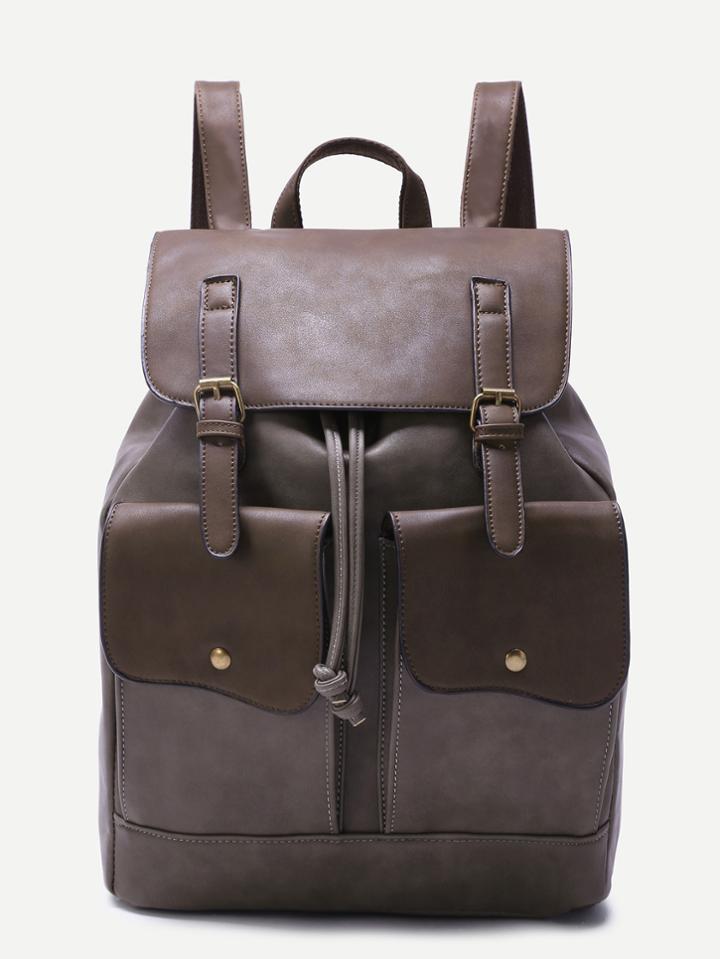 Romwe Coffee Double Pocket Buckled Drawstring Pu Backpack