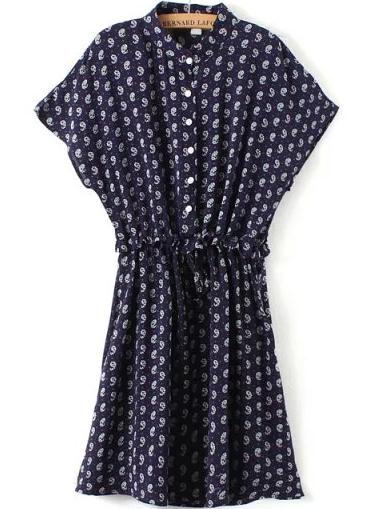 Romwe Stand Collar Paisley Print Navy Dress