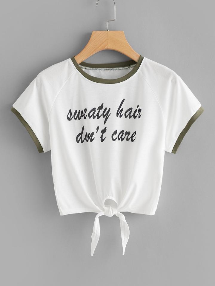 Romwe Slogan Print Knot Hem Tee