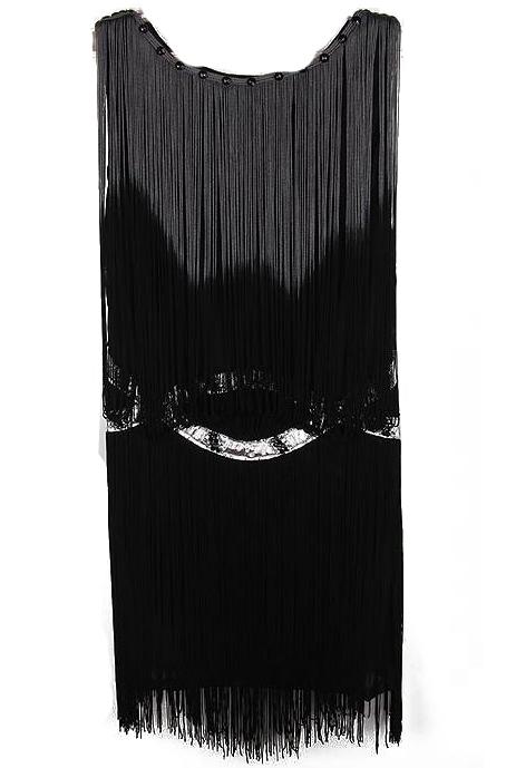 Romwe Black Sleeveless Dress With Tassel Trim