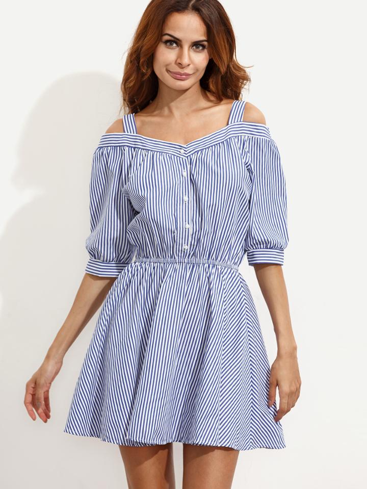 Romwe Blue Mixed Stripe Cold Shoulder Button Front Dress
