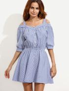 Romwe Blue Mixed Stripe Cold Shoulder Button Front Dress