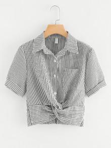 Romwe Stripe Knot Hem Blouse