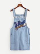 Romwe Letter Embroidered Sequin Overall Denim Dress