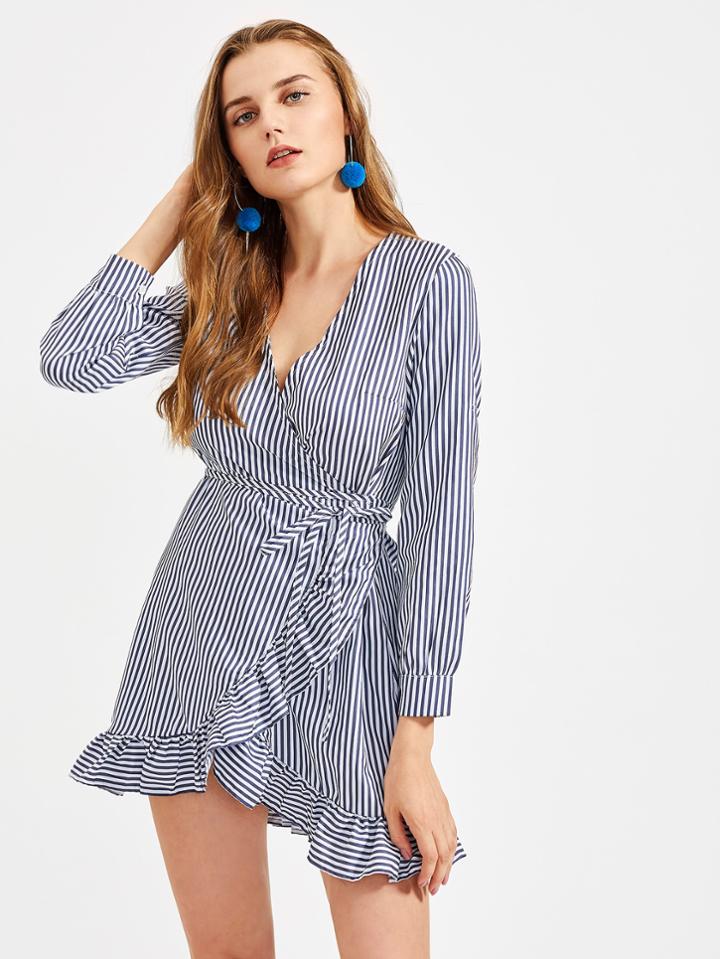 Romwe Vertical Striped Frill Trim Wrap Dress