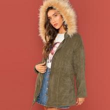 Romwe Faux Fur Hooded Drawstring Waist Corduroy Coat