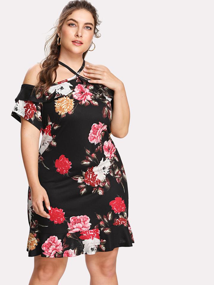 Romwe Flower Print Halter Ruffle Dress