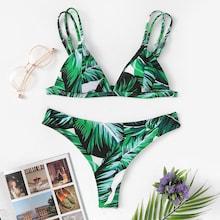Romwe Tropical Pattern Triangle Top With High Cut Bikini