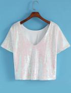 Romwe V Neck Sequined Pink T-shirt