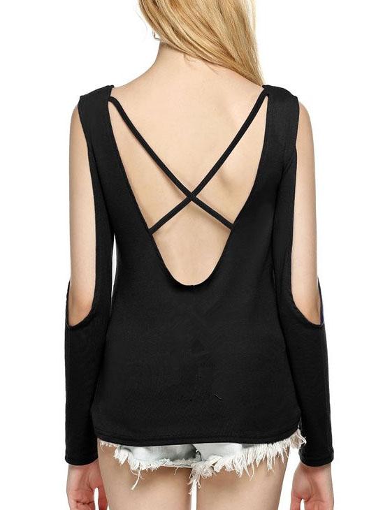Romwe Open Shoulder Crisscross Back Top - Black